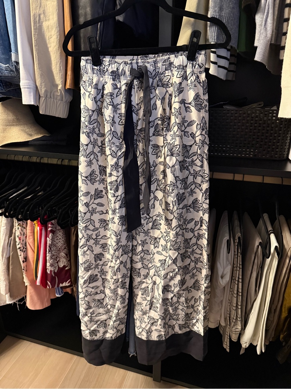 White Floral Pants with black Trim